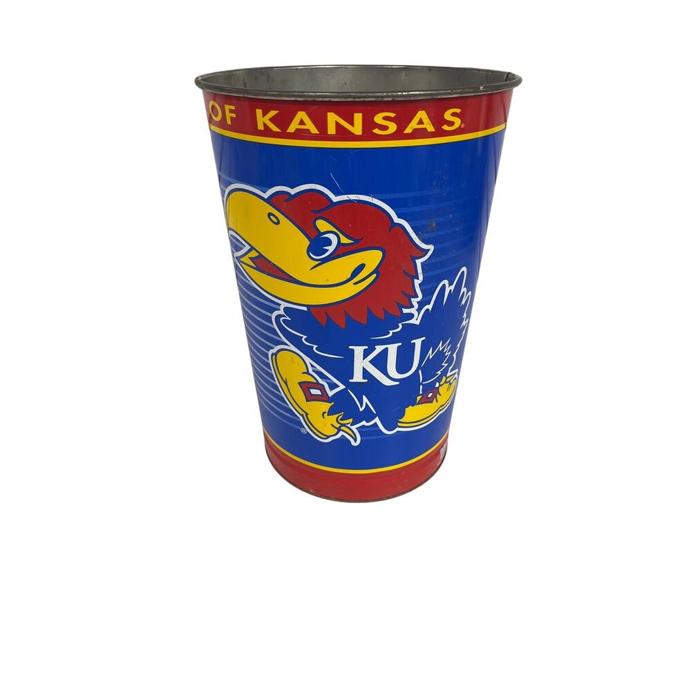 Kansas Jayhawks 15 Inch Metal Wastebasket NCAA Trash Can Garbage Office